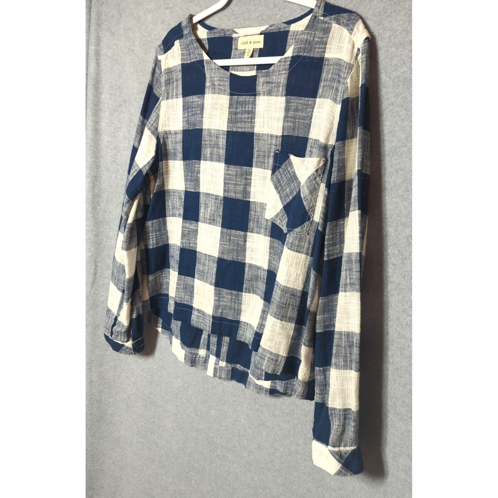 New Cloth & Stone Plaid Linen Blend Blouse Shirt XL Blue White Nautical Yachty